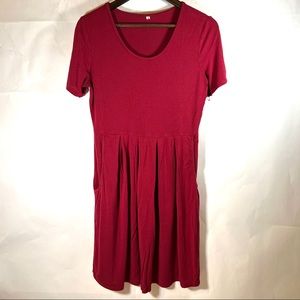 JOSIFER Women Plain Short Sleeve Pockets Pleated Casual Wine Red Midi Dress,M